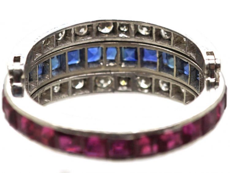 Art Deco 18ct White Gold Flip Over Ring set with Rubies, Sapphires & Diamonds