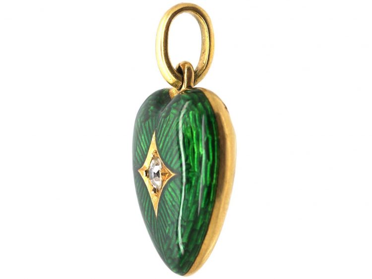 Victorian 18ct Gold Heart Shaped Green Enamel Pendant set with a Diamond