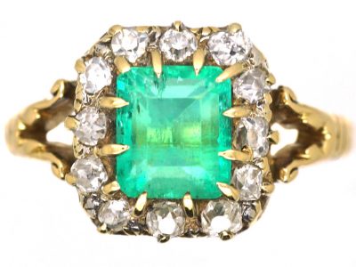 Edwardian 18ct Gold Ring set with a Rectangular Cut Emerald & Diamonds