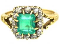 Edwardian 18ct Gold Ring set with a Rectangular Cut Emerald & Diamonds