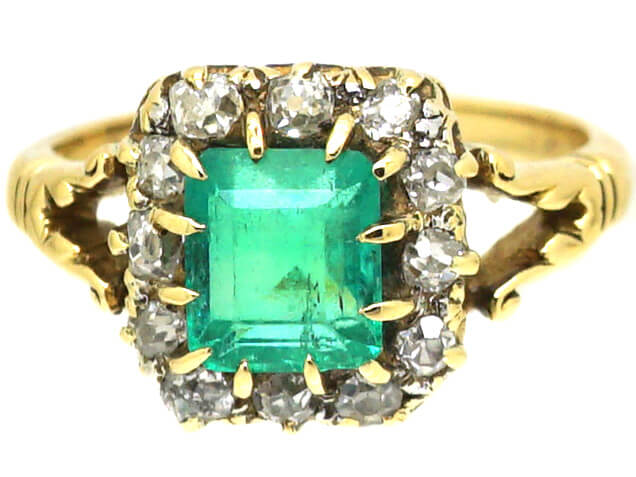 Edwardian 18ct Gold Ring set with a Rectangular Cut Emerald & Diamonds