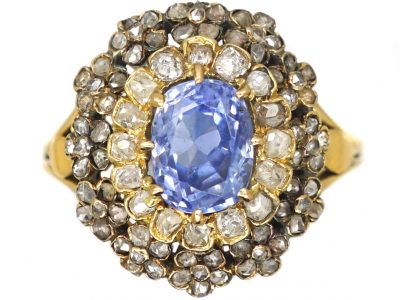 Edwardian 18ct Gold, Sapphire & Diamond Cluster Ring with Tiny Flower Motifs around the Edge