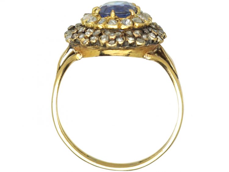 Edwardian 18ct Gold, Sapphire & Diamond Cluster Ring with Tiny Flower Motifs around the Edge