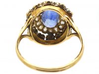 Edwardian 18ct Gold, Sapphire & Diamond Cluster Ring with Tiny Flower Motifs around the Edge