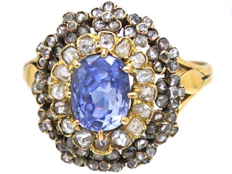 Edwardian 18ct Gold, Sapphire & Diamond Cluster Ring with Tiny Flower Motifs around the Edge