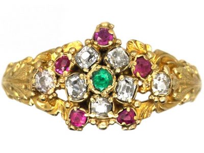 Regency 15ct Gold Cluster Ring set with Diamonds, Rubies & an Emerald