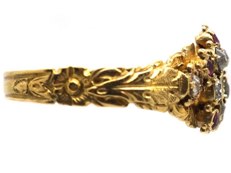 Regency 15ct Gold Cluster Ring set with Diamonds, Rubies & an Emerald