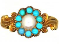 Regency 15ct Gold Ring set with a Natural Pearl Surrounded by Turquoise