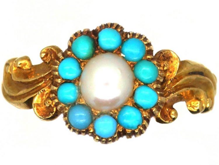 Regency 15ct Gold Ring set with a Natural Pearl Surrounded by Turquoise