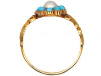 Regency 15ct Gold Ring set with a Natural Pearl Surrounded by Turquoise
