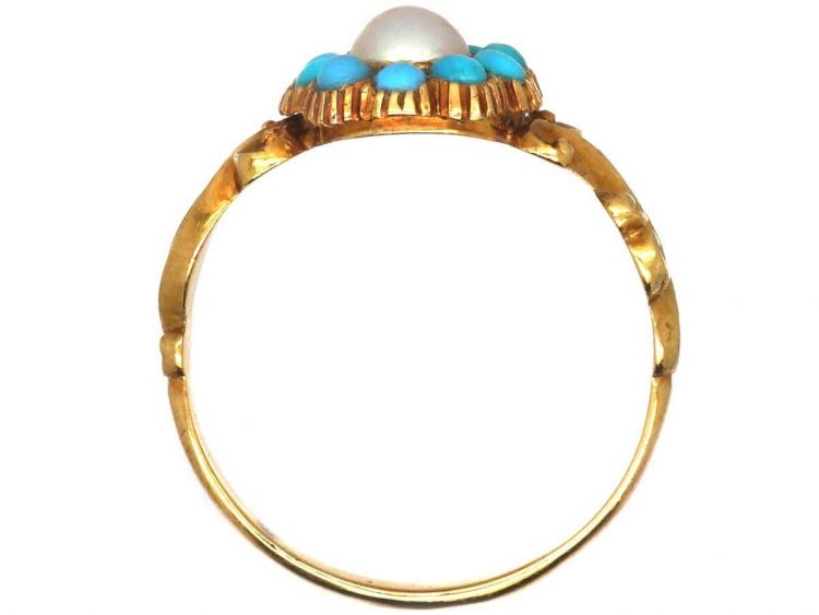 Regency 15ct Gold Ring set with a Natural Pearl Surrounded by Turquoise