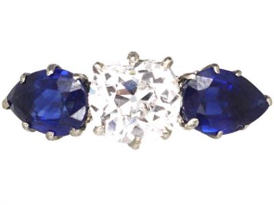 Edwardian 18ct Gold, Pear Shaped Sapphire & Diamond Ring