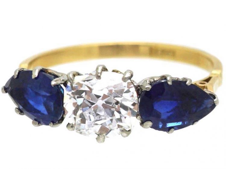 Edwardian 18ct Gold, Pear Shaped Sapphire & Diamond Ring