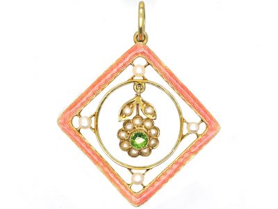 Edwardian 15ct Gold, Pink Enamel, Natural Split Pearl & Green Garnet Pendant