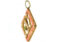 Edwardian 15ct Gold, Pink Enamel, Natural Split Pearl & Green Garnet Pendant