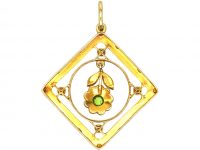 Edwardian 15ct Gold, Pink Enamel, Natural Split Pearl & Green Garnet Pendant