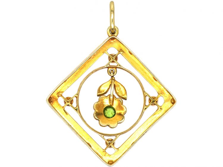 Edwardian 15ct Gold, Pink Enamel, Natural Split Pearl & Green Garnet Pendant