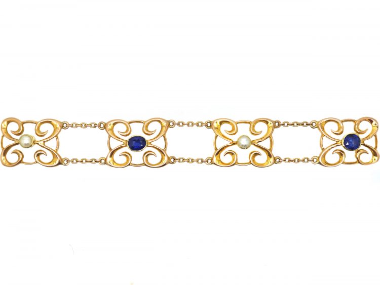 Edwardian 15ct Gold Bracelet set with Sapphires & Natural Pearls