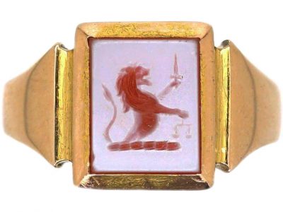 Art Deco 15ct Gold & Carnelian Signet Ring with Intaglio of a Lion with Sword & Scales