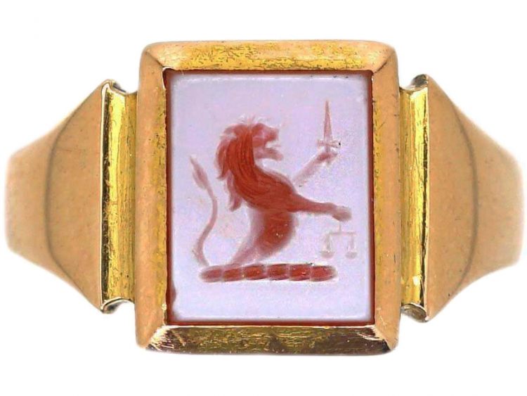 Art Deco 15ct Gold & Carnelian Signet Ring with Intaglio of a Lion with Sword & Scales