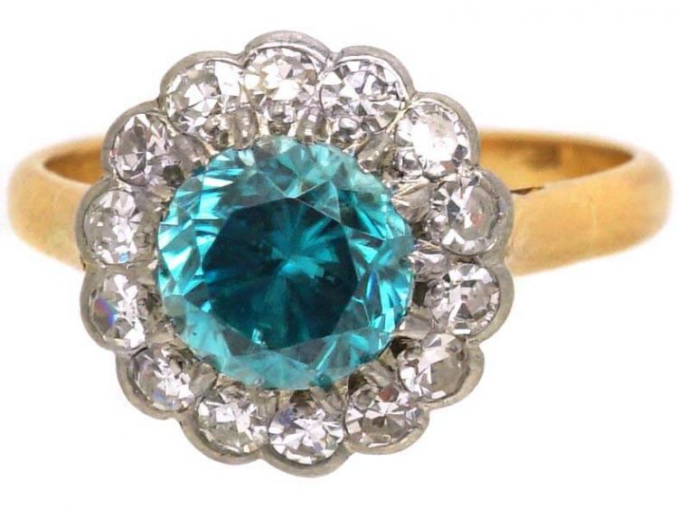 Mid 20th Century 18ct Gold & Platinum, Zircon & Diamond Cluster Ring