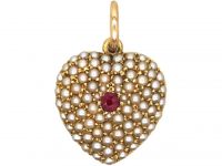 Victorian 15ct Gold Heart Shaped Pendant Pavé Set with Natural Split Pearls & a Ruby