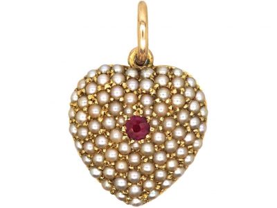 Victorian 15ct Gold Heart Shaped Pendant Pavé Set with Natural Split Pearls & a Ruby