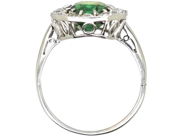 Art Deco Platinum Green Tourmaline & Diamond Octagonal Shaped Ring