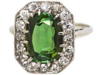 Art Deco Platinum Green Tourmaline & Diamond Octagonal Shaped Ring