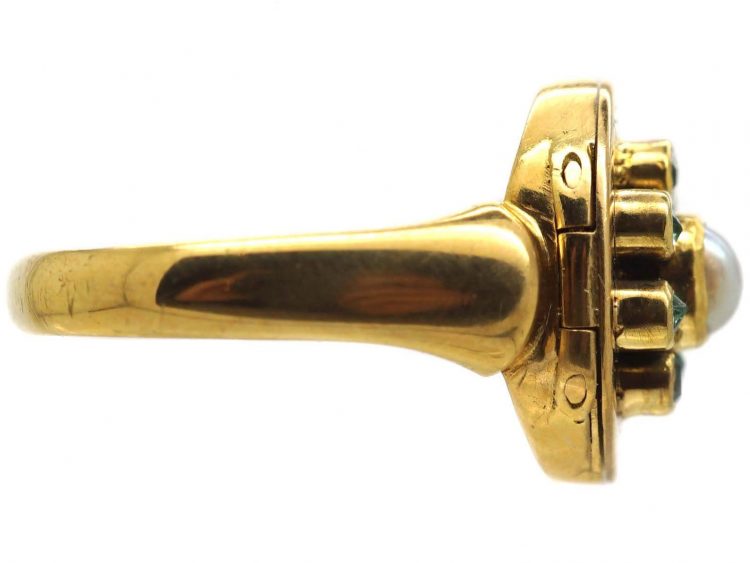 Edwardian 18ct Gold Opening Ring set with a Natural Pearl & Emeralds