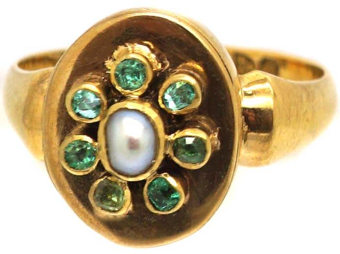 Edwardian 18ct Gold Opening Ring set with a Natural Pearl & Emeralds