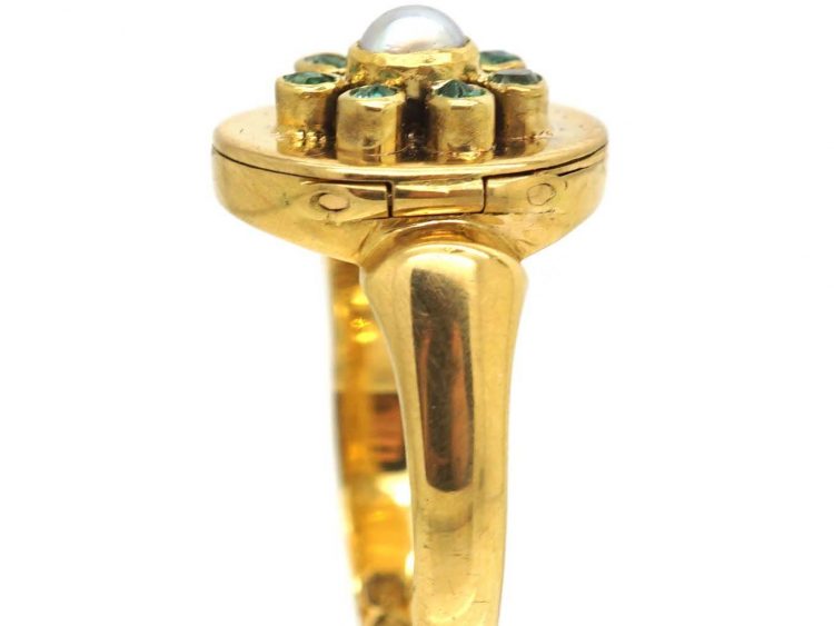 Edwardian 18ct Gold Opening Ring set with a Natural Pearl & Emeralds