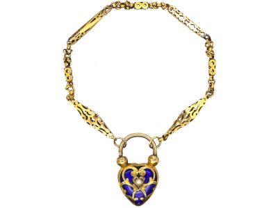 Early Victorian 15ct Gold Bracelet with Heart Padlock with Royal Blue Enamel & a Split Pearl Detail