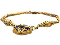 Early Victorian 15ct Gold Bracelet with Heart Padlock with Royal Blue Enamel & a Split Pearl Detail