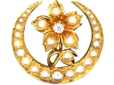 Victorian 15ct Gold Half Moon & Flower Brooch set with Natural Split Pearls & a Diamond in the Original Case