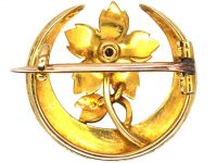 Victorian 15ct Gold Half Moon & Flower Brooch set with Natural Split Pearls & a Diamond in the Original Case