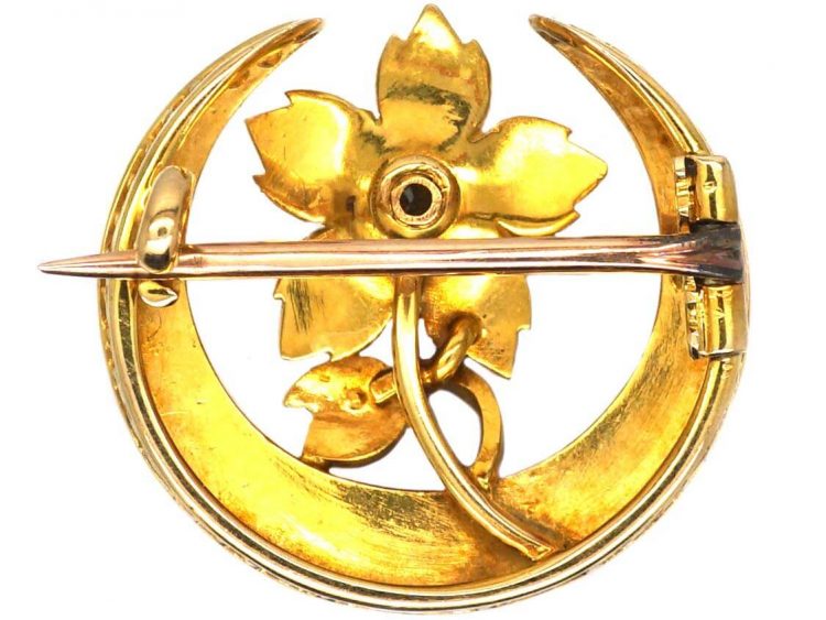 Victorian 15ct Gold Half Moon & Flower Brooch set with Natural Split Pearls & a Diamond in the Original Case