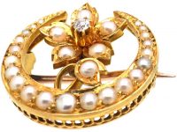 Victorian 15ct Gold Half Moon & Flower Brooch set with Natural Split Pearls & a Diamond in the Original Case