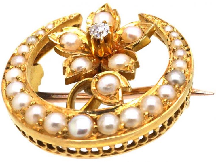 Victorian 15ct Gold Half Moon & Flower Brooch set with Natural Split Pearls & a Diamond in the Original Case