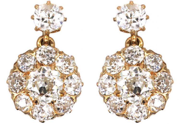 Edwardian 18ct Gold, Diamond Cluster Earrings with a Diamond Above
