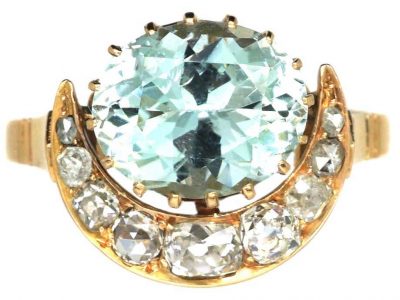 Retro 14ct Gold Crescent Ring set with an Aquamarine & Diamonds