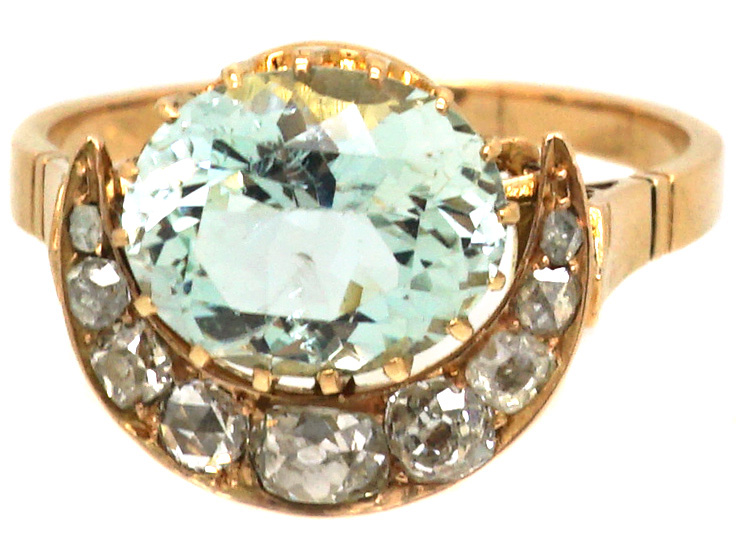 Retro 14ct Gold Crescent Ring set with an Aquamarine & Diamonds