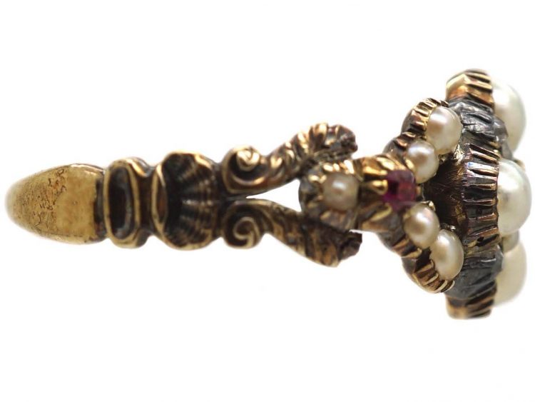 Georgian 15ct Gold Cluster Ring set with Natural Split Pearls, Rubies & Diamonds