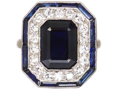 Art Deco Platinum Large Octagonal Shaped Ring set with a Large Sapphire & Diamonds