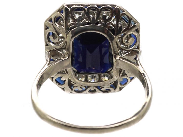 Art Deco Platinum Large Octagonal Shaped Ring set with a Large Sapphire & Diamonds