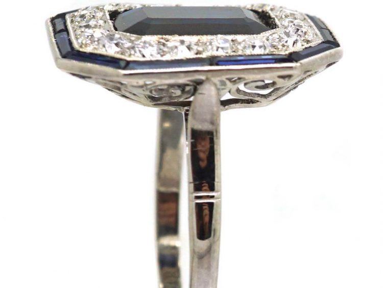 Art Deco Platinum Large Octagonal Shaped Ring set with a Large Sapphire & Diamonds