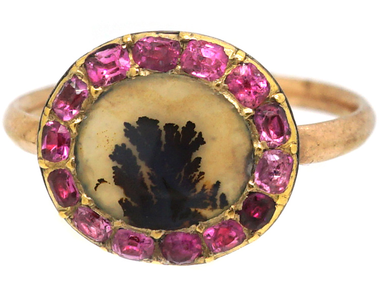 Georgian Gold Ring set with a Dendridic Agate Surrounded by Rubies