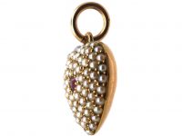 Victorian 15ct Gold Heart Shaped Pendant Pavé Set with Natural Split Pearls & a Ruby