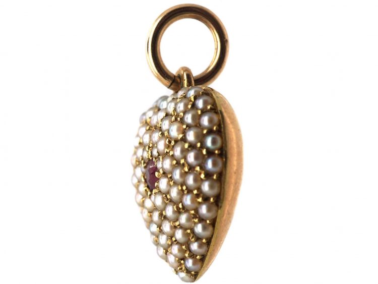 Victorian 15ct Gold Heart Shaped Pendant Pavé Set with Natural Split Pearls & a Ruby