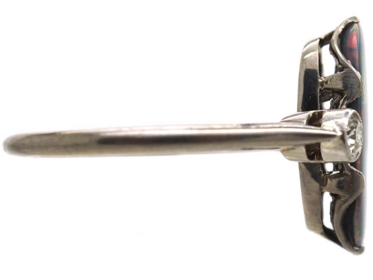 Art Deco 18ct White Gold & Platinum, Black Opal & Diamond Ring